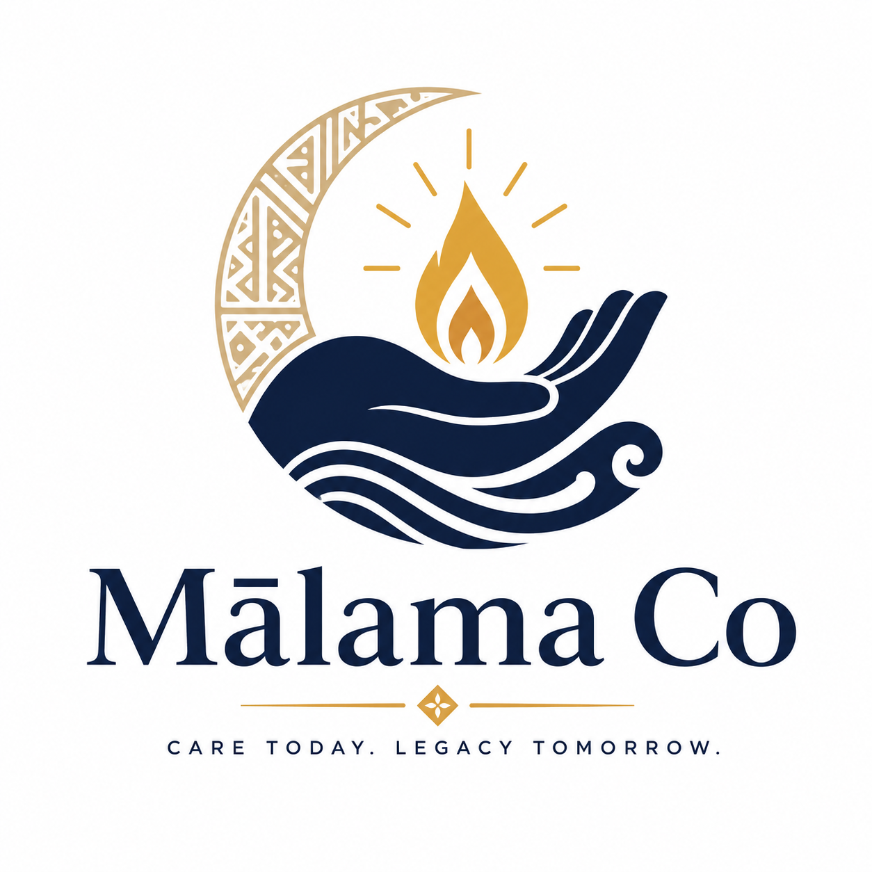 Mālama Co — hand holding a flame within a Polynesian crescent